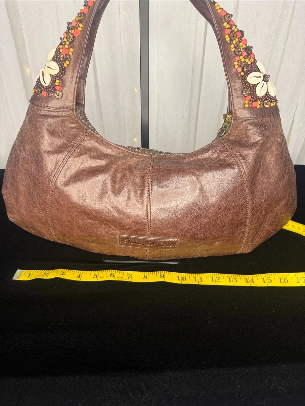 Tommy Bahama Brown Leather Shoulder Bag with Red & Orange Beaded Straps